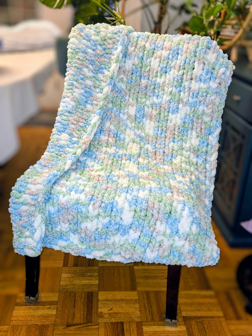 Handmade Chunky Knit Chenille Baby Blanket/Throw - White, Blue, Green, Tan